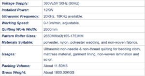 Ultrasonic Quilting Machine specification